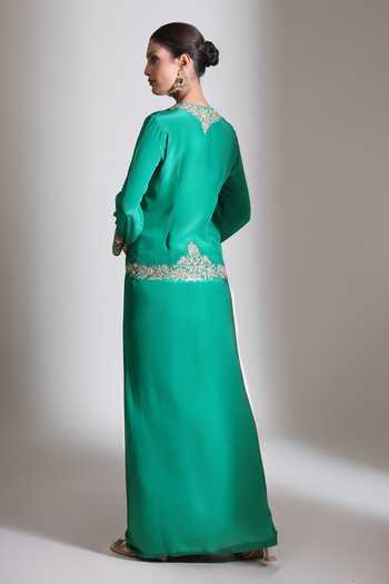 Shop_Tanu Malhotra_Green Crepe, Satin, Modal V-neck Embroidered Jacket And Skirt Set _at_Aza_Fashions