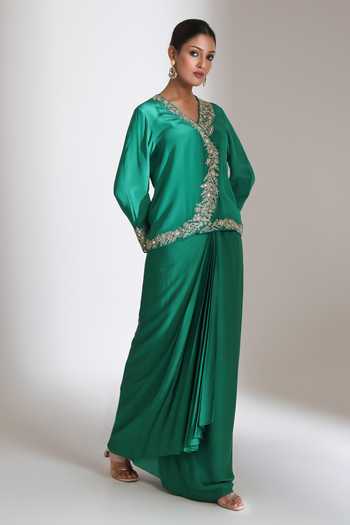 Tanu Malhotra_Green Crepe, Satin, Modal V-neck Embroidered Jacket And Skirt Set _Online_at_Aza_Fashions