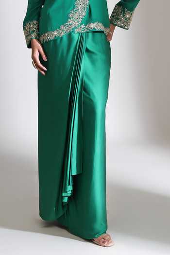 Buy_Tanu Malhotra_Green Crepe, Satin, Modal V-neck Embroidered Jacket And Skirt Set _Online_at_Aza_Fashions