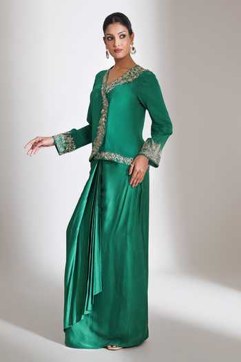 Shop_Tanu Malhotra_Green Crepe, Satin, Modal V-neck Embroidered Jacket And Skirt Set _Online_at_Aza_Fashions