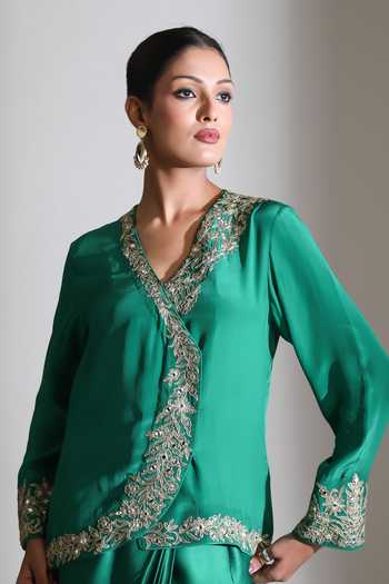 Tanu Malhotra_Green Crepe, Satin, Modal V-neck Embroidered Jacket And Skirt Set _at_Aza_Fashions
