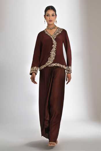 Buy_Tanu Malhotra_Wine Crepe, Satin, Modal Embroidery V-neck Neckline Jacket And Skirt Set _at_Aza_Fashions