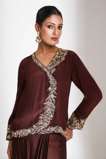 Tanu Malhotra_Wine Crepe, Satin, Modal Embroidery V-neck Neckline Jacket And Skirt Set _at_Aza_Fashions