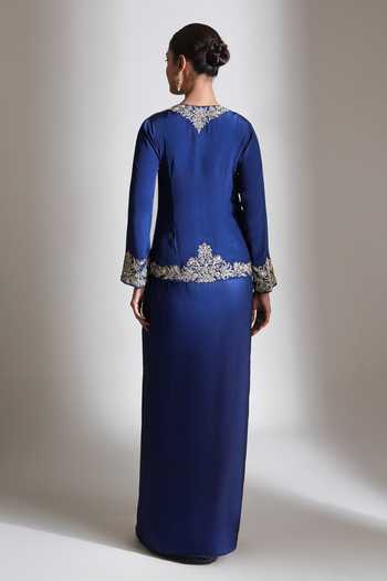 Shop_Tanu Malhotra_Blue Crepe, Satin, Modal V-neck Placement Embroidered Jacket And Skirt Set _at_Aza_Fashions