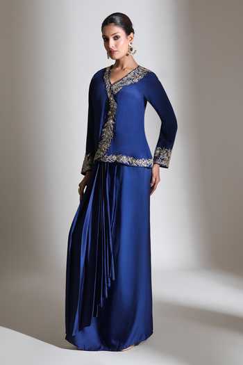 Buy_Tanu Malhotra_Blue Crepe, Satin, Modal V-neck Placement Embroidered Jacket And Skirt Set _Online_at_Aza_Fashions