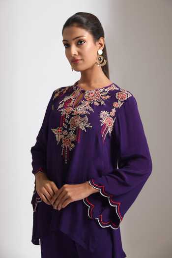 Tanu Malhotra_Purple Crepe Floral Embroidered Top And Pant Set _Online_at_Aza_Fashions