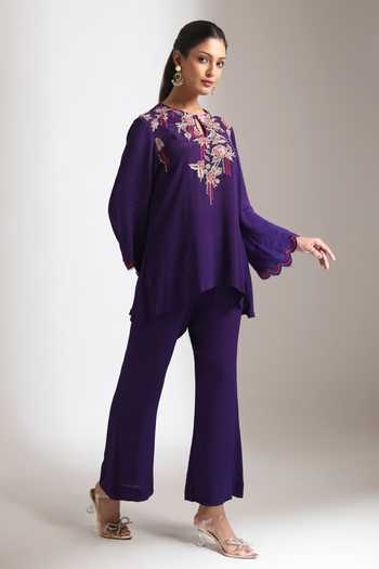 Shop_Tanu Malhotra_Purple Crepe Floral Embroidered Top And Pant Set _Online_at_Aza_Fashions