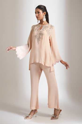 Shop_Tanu Malhotra_Peach Crepe Keyhole Neck Florette Embroidered Top And Pant Set _Online_at_Aza_Fashions