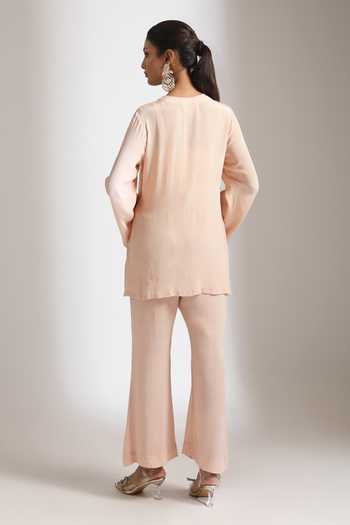 Shop_Tanu Malhotra_Peach Crepe Keyhole Neck Florette Embroidered Top And Pant Set _at_Aza_Fashions
