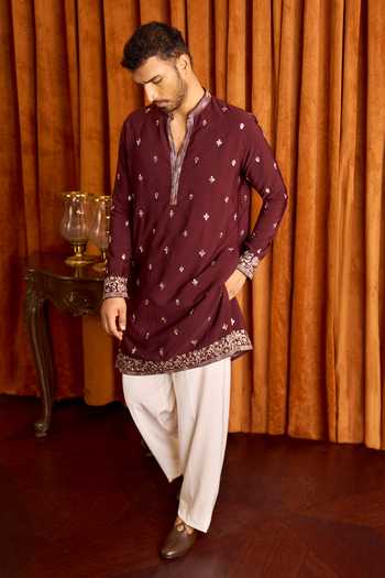 Buy_Arihant Rai Sinha_Wine Silk Floral Scattered Embroidered Kurta Set _at_Aza_Fashions