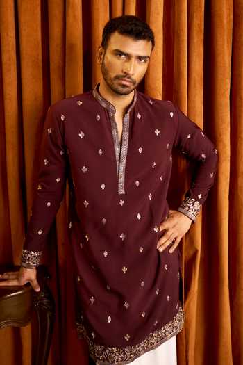 Shop_Arihant Rai Sinha_Wine Silk Floral Scattered Embroidered Kurta Set _Online_at_Aza_Fashions