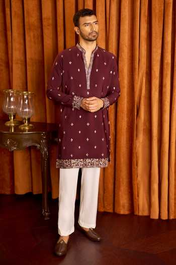 Arihant Rai Sinha_Wine Silk Floral Scattered Embroidered Kurta Set _Online_at_Aza_Fashions