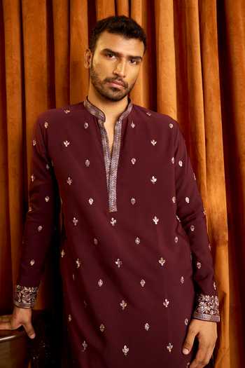 Buy_Arihant Rai Sinha_Wine Silk Floral Scattered Embroidered Kurta Set 