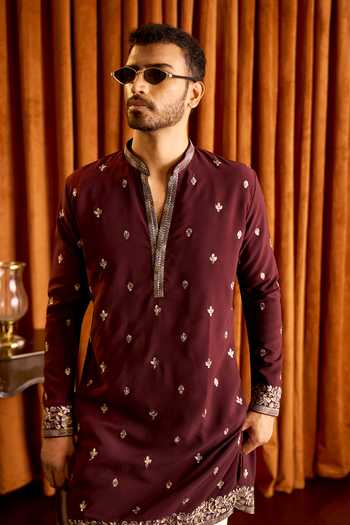 Shop_Arihant Rai Sinha_Wine Silk Floral Scattered Embroidered Kurta Set 