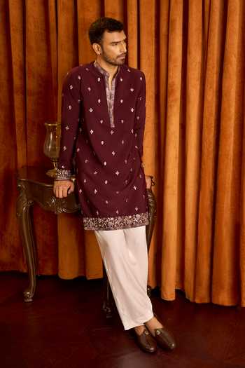 Buy_Arihant Rai Sinha_Wine Silk Floral Scattered Embroidered Kurta Set _Online