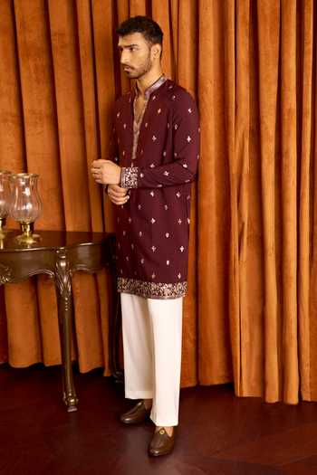 Arihant Rai Sinha_Wine Silk Floral Scattered Embroidered Kurta Set _Online