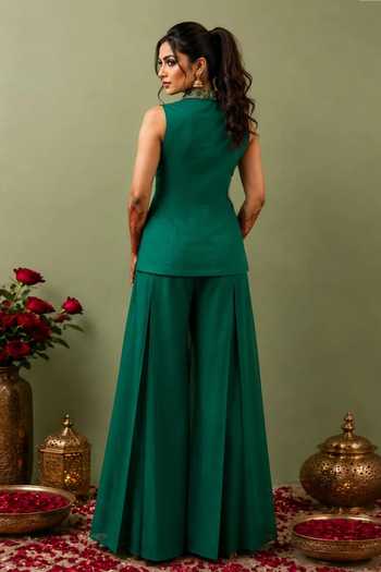 Shop_Nidhi Kejriwal_Green Silk V-neck Embroidered Jacket With Box Pleated Palazzo _at_Aza_Fashions