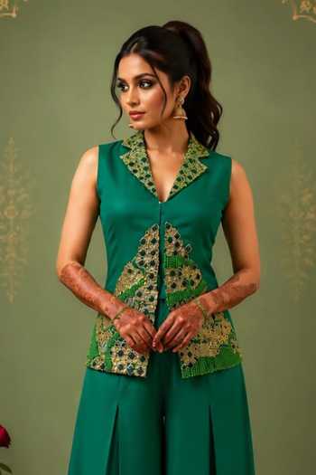 Nidhi Kejriwal_Green Silk V-neck Embroidered Jacket With Box Pleated Palazzo _Online_at_Aza_Fashions