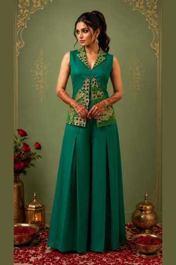 Buy_Nidhi Kejriwal_Green Silk V-neck Embroidered Jacket With Box Pleated Palazzo _at_Aza_Fashions