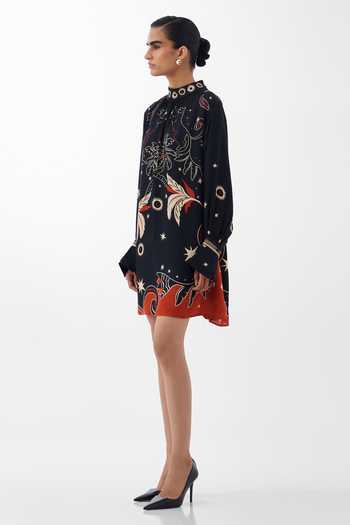 NOIB_Multi Color Satin, Modal Mandarin Collar Amber Nocturnal Jungle Print Mini Dress _Online_at_Aza_Fashions