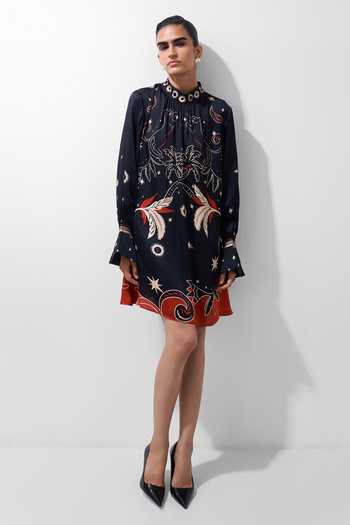 Shop_NOIB_Multi Color Satin, Modal Mandarin Collar Amber Nocturnal Jungle Print Mini Dress _Online_at_Aza_Fashions