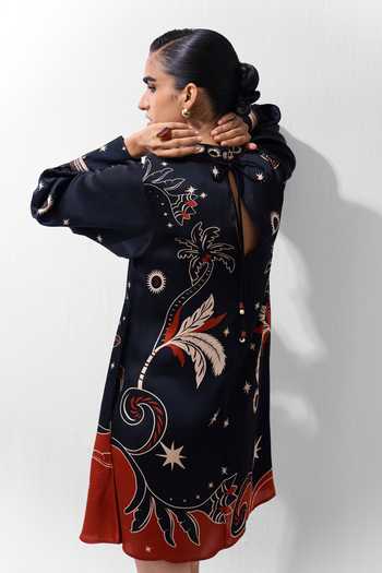 Shop_NOIB_Multi Color Satin, Modal Mandarin Collar Amber Nocturnal Jungle Print Mini Dress _at_Aza_Fashions