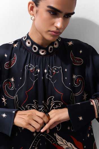 Buy_NOIB_Multi Color Satin, Modal Mandarin Collar Amber Nocturnal Jungle Print Mini Dress 