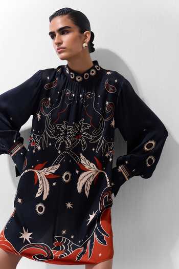 Shop_NOIB_Multi Color Satin, Modal Mandarin Collar Amber Nocturnal Jungle Print Mini Dress 