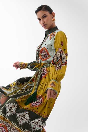 NOIB_Multi Color Cotton Satin Mandarin Collar Celia Mosaic Print Maxi Dress With Belt _Online_at_Aza_Fashions