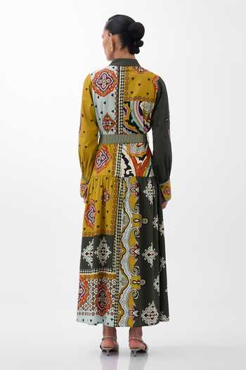 Shop_NOIB_Multi Color Cotton Satin Mandarin Collar Celia Mosaic Print Maxi Dress With Belt _at_Aza_Fashions