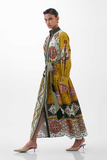Buy_NOIB_Multi Color Cotton Satin Mandarin Collar Celia Mosaic Print Maxi Dress With Belt _Online_at_Aza_Fashions