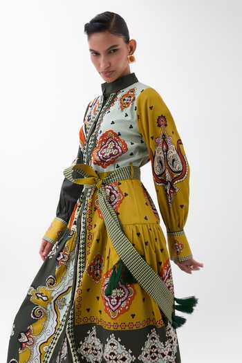 NOIB_Multi Color Cotton Satin Mandarin Collar Celia Mosaic Print Maxi Dress With Belt _at_Aza_Fashions