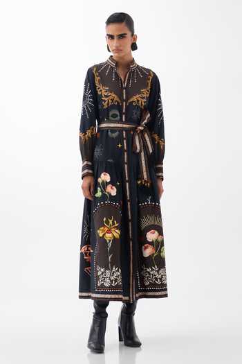 Buy_NOIB_Multi Color Cotton Satin Mandarin Celia Postcards And Petals Print Maxi Dress _at_Aza_Fashions