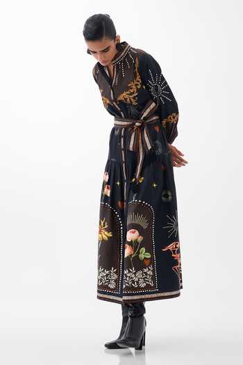 Buy_NOIB_Multi Color Cotton Satin Mandarin Celia Postcards And Petals Print Maxi Dress _Online_at_Aza_Fashions
