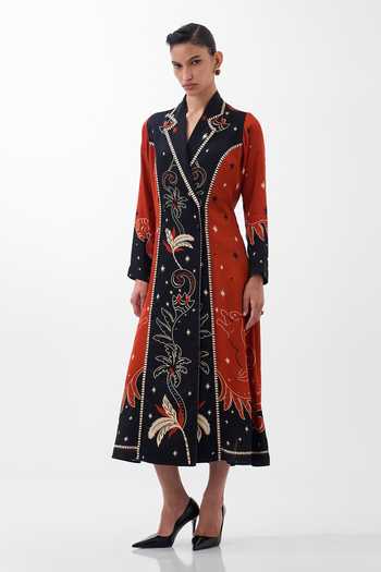 Buy_NOIB_Multi Color Satin, Modal Shawl Neck Willow Nocturnal Jungle Print Midi Dress _at_Aza_Fashions