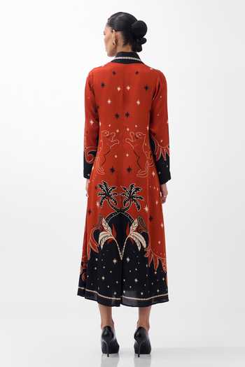 Shop_NOIB_Multi Color Satin, Modal Shawl Neck Willow Nocturnal Jungle Print Midi Dress _at_Aza_Fashions