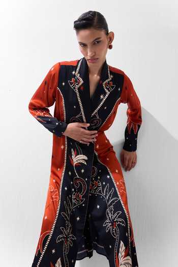 NOIB_Multi Color Satin, Modal Shawl Neck Willow Nocturnal Jungle Print Midi Dress _Online_at_Aza_Fashions