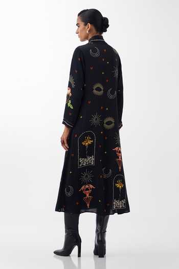 Shop_NOIB_Multi Color Satin, Modal Collared Willow Postcards And Petals Print Midi Dress _at_Aza_Fashions