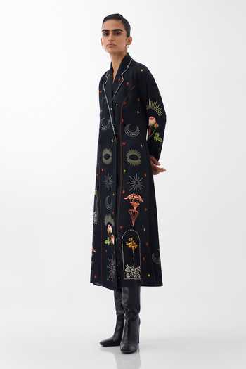 NOIB_Multi Color Satin, Modal Collared Willow Postcards And Petals Print Midi Dress _Online_at_Aza_Fashions