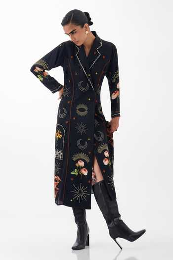 Buy_NOIB_Multi Color Satin, Modal Collared Willow Postcards And Petals Print Midi Dress _Online_at_Aza_Fashions