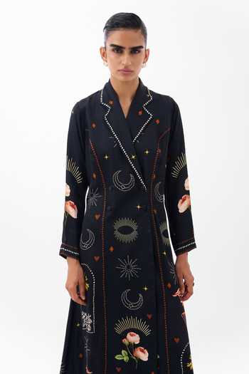 NOIB_Multi Color Satin, Modal Collared Willow Postcards And Petals Print Midi Dress _at_Aza_Fashions