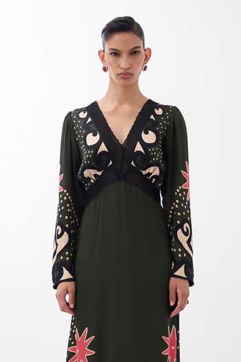 NOIB_Multi Color Organza, Satin, Viscose, Modal V-neck Aura Old Rose Print Maxi Dress _Online_at_Aza_Fashions