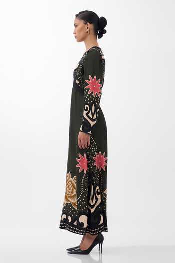 Buy_NOIB_Multi Color Organza, Satin, Viscose, Modal V-neck Aura Old Rose Print Maxi Dress _Online_at_Aza_Fashions