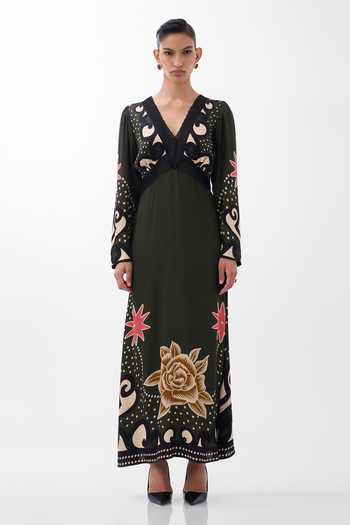 Shop_NOIB_Multi Color Organza, Satin, Viscose, Modal V-neck Aura Old Rose Print Maxi Dress _Online_at_Aza_Fashions