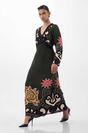 NOIB_Multi Color Organza, Satin, Viscose, Modal V-neck Aura Old Rose Print Maxi Dress _at_Aza_Fashions