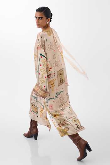 NOIB_Multi Color Satin, Modal Plunge Neck Adah Postcards And Petals Print Kaftan _Online_at_Aza_Fashions