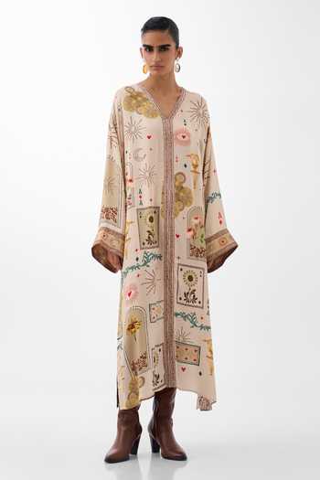 Buy_NOIB_Multi Color Satin, Modal Plunge Neck Adah Postcards And Petals Print Kaftan _at_Aza_Fashions