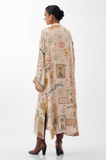 Shop_NOIB_Multi Color Satin, Modal Plunge Neck Adah Postcards And Petals Print Kaftan _at_Aza_Fashions
