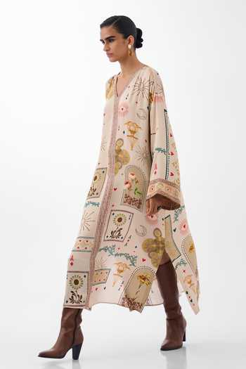 Buy_NOIB_Multi Color Satin, Modal Plunge Neck Adah Postcards And Petals Print Kaftan _Online_at_Aza_Fashions