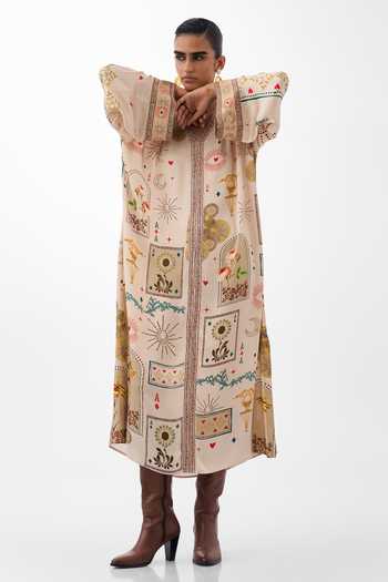Shop_NOIB_Multi Color Satin, Modal Plunge Neck Adah Postcards And Petals Print Kaftan _Online_at_Aza_Fashions